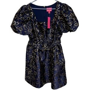 NWT Lilly Pulitzer Kasslyn Elbow Sleeve Navy Gold Puff Floral Broca Size 16